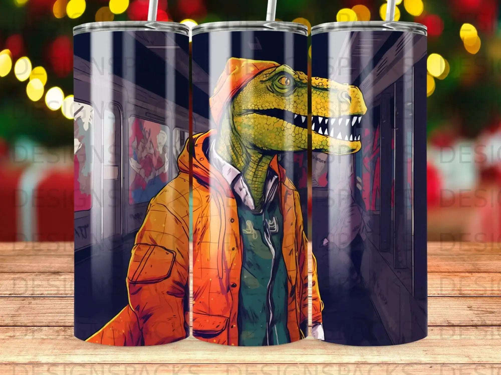 T-Rex dinosaur wearing an orange hoodie and jacket on a subway train.