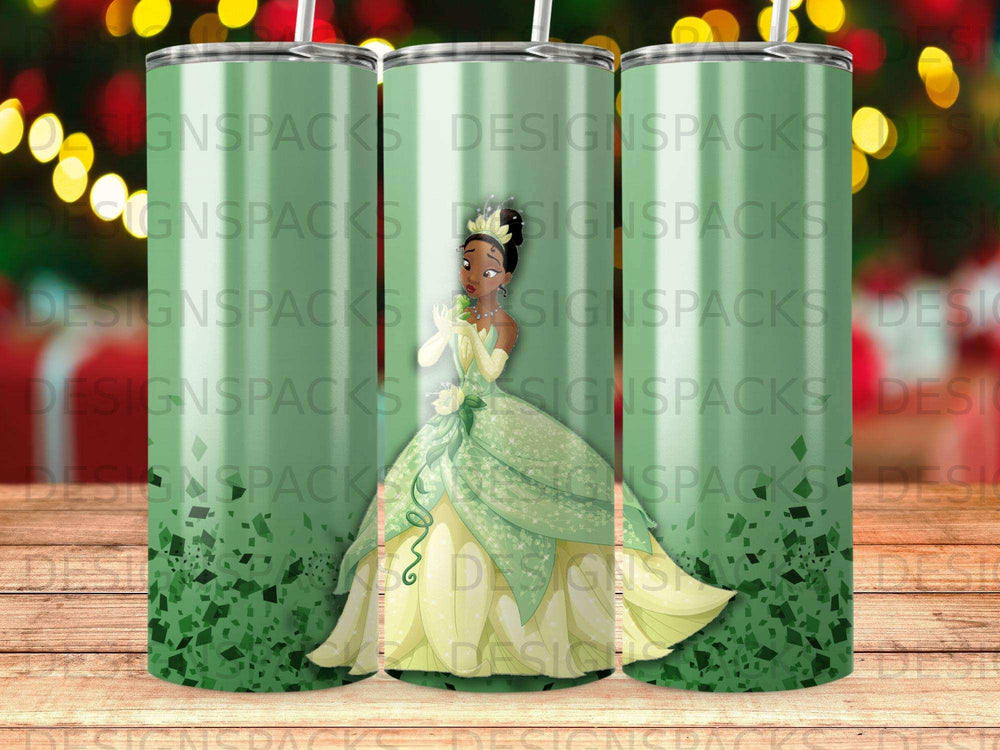Princess Tiana in a green gown on a tumbler with repeated "DESIGNSPACKS" pattern.