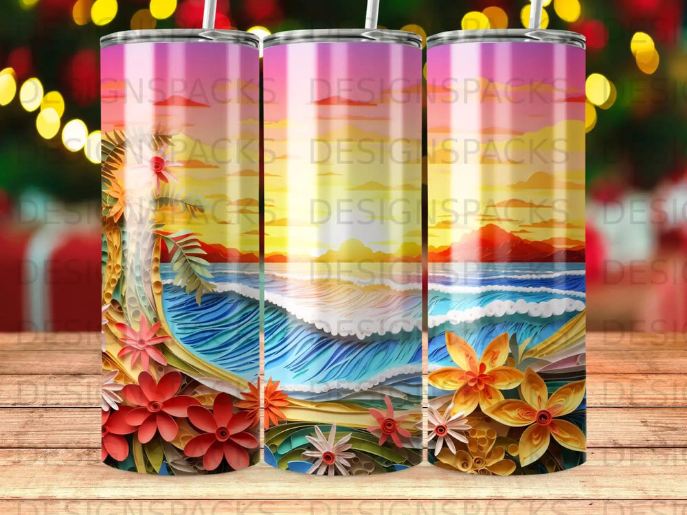 Three tumblers with a colorful ocean sunset and paper flower art.