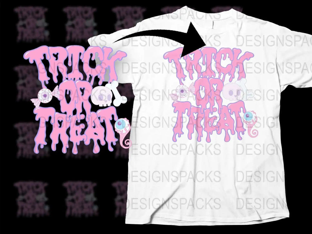 Trick or Treat Halloween T-Shirt with Eyeball Design, Scary Pink and White Graphic Tee