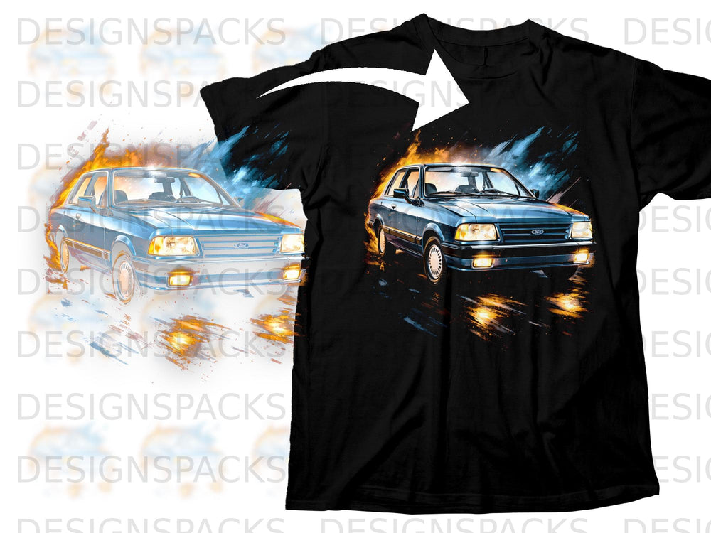 Black t-shirt with a blue Ford Escort XR3i graphic on fire.