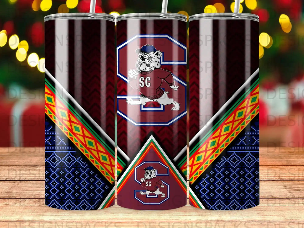 Three tumblers with a maroon "SG" logo and a red and blue patterned background.