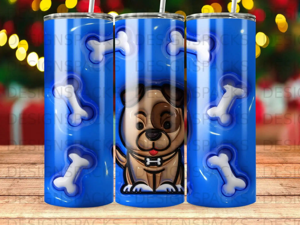 Cute cartoon dog with bones pattern on a blue tumbler.