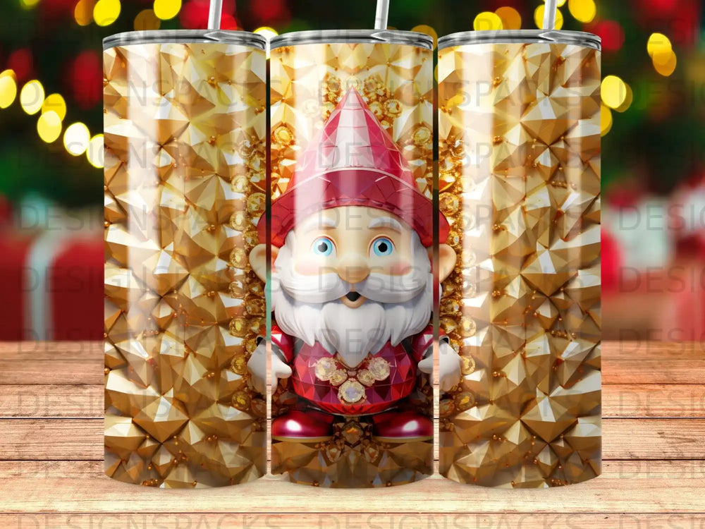 Gnome wearing red hat and suit against a gold geometric background.