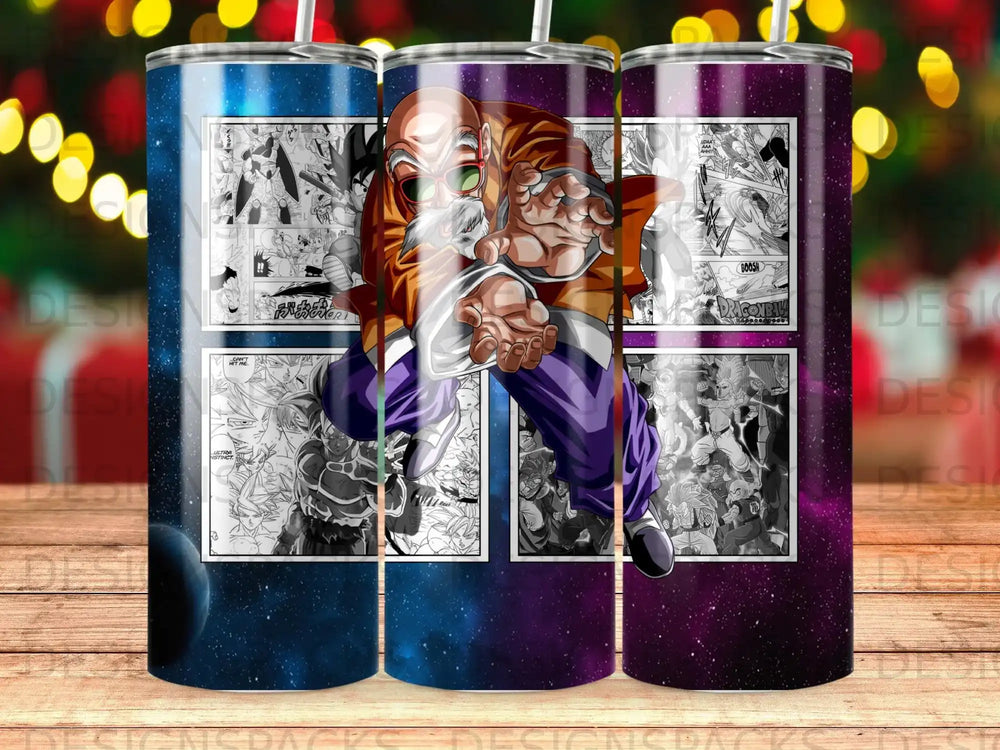 Dragon Ball Z manga panels featuring Master Roshi in a dynamic pose, on a galaxy-themed tumbler.