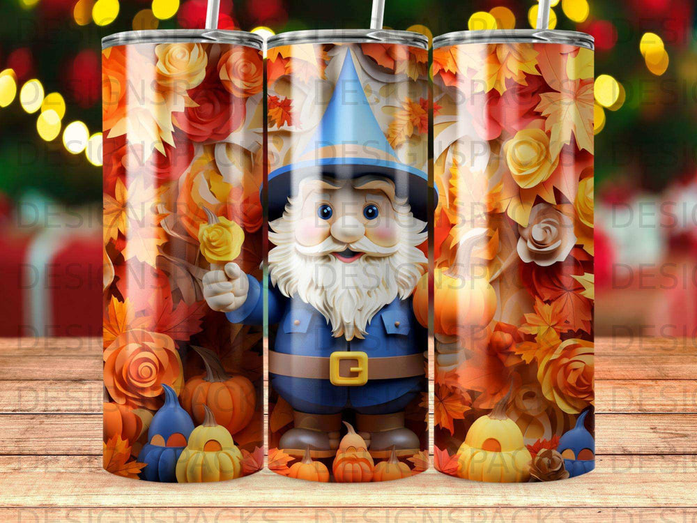 Gnome with pumpkins and autumn leaves, holding a yellow flower.
