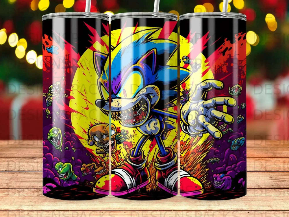 Sonic the Hedgehog with snarling expression, surrounded by cartoon zombies and a bright moon.
