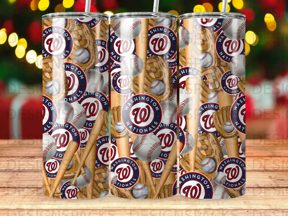 Washington Nationals baseball themed tumbler with logos and baseball equipment.