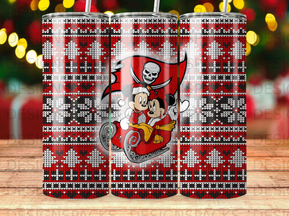 Mickey and Minnie Mouse in sleigh on red and white knit pattern tumbler.