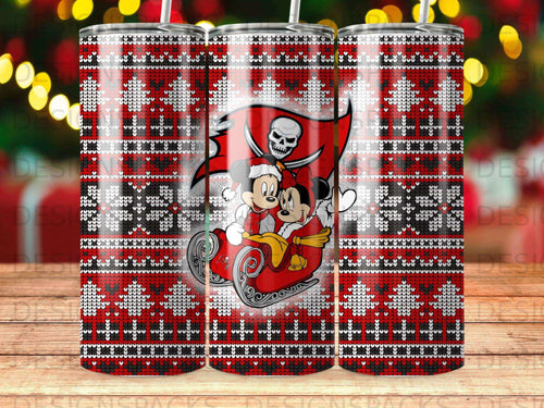 Mickey and Minnie Mouse in sleigh on red and white knit pattern tumbler.