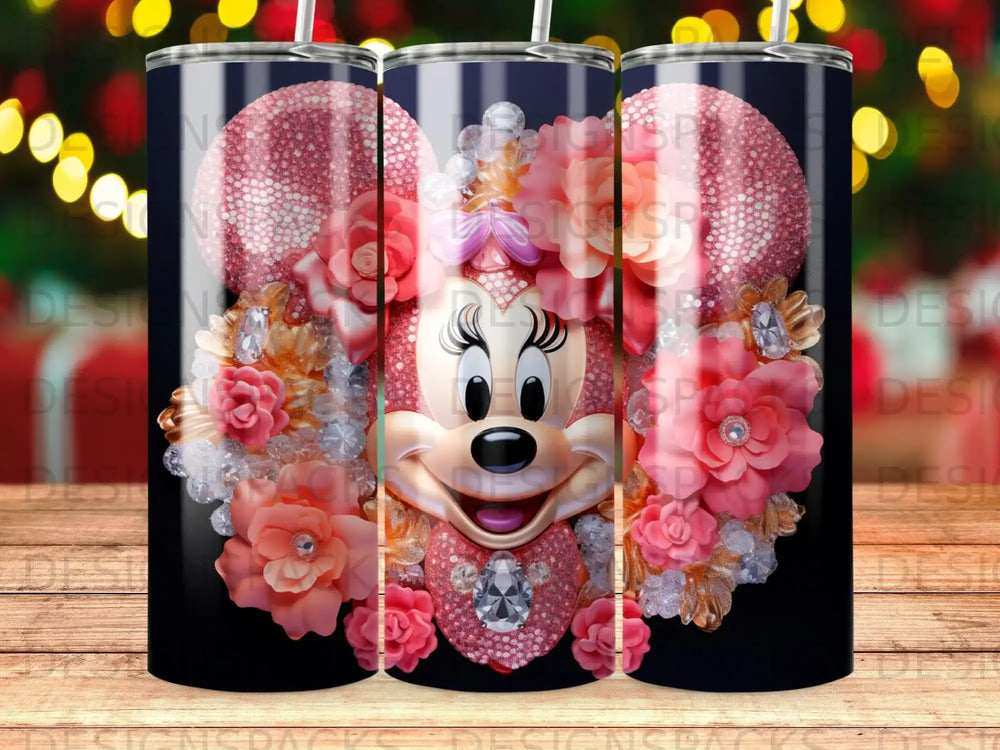 Minnie Mouse design with flowers and glitter on a tumbler.