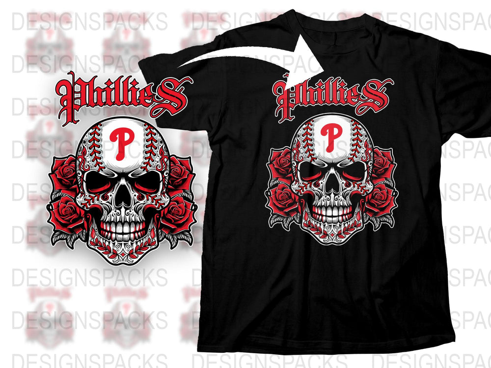 Philadelphia Phillies Skull T-Shirt, Gothic Baseball Team Fan Apparel, Unisex Black Cotton Tee