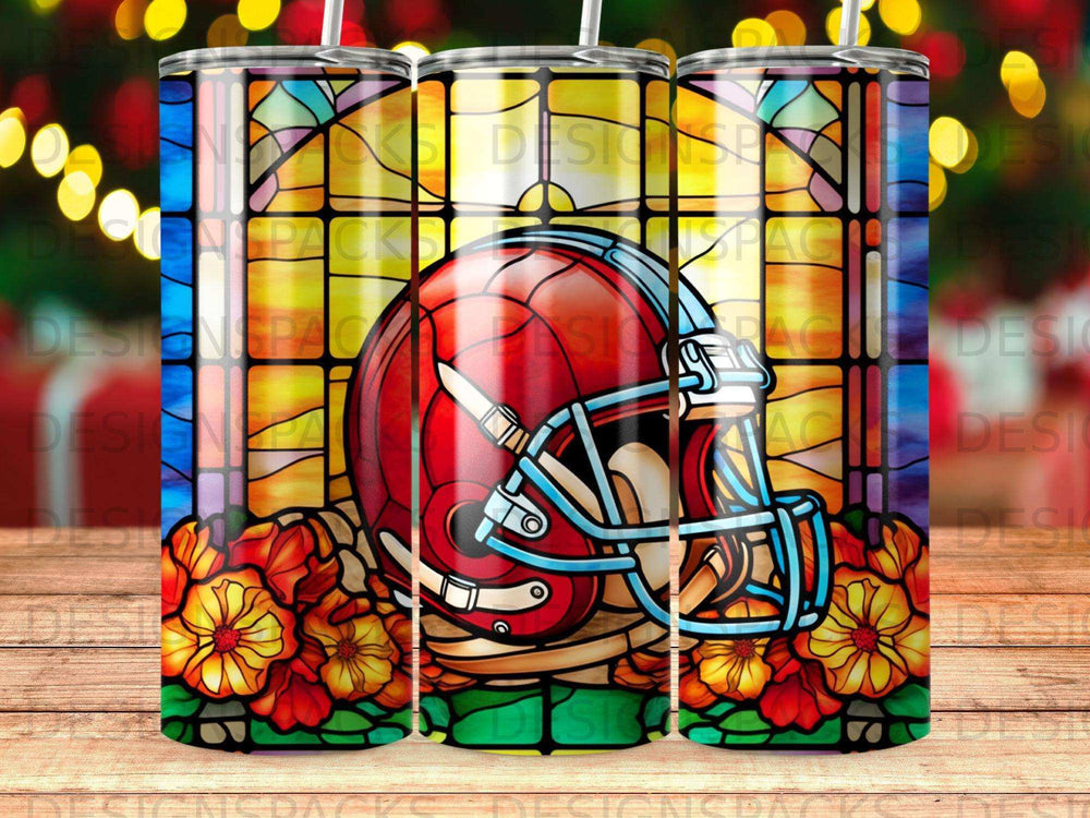 Stained glass football helmet with floral accents on wooden background.