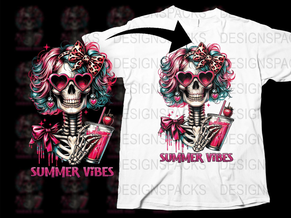 Summer Vibes Skull T-Shirt, Leopard Bow, Cool Drink Graphic Tee, Unique Festival Clothing, Unisex Fashion Top