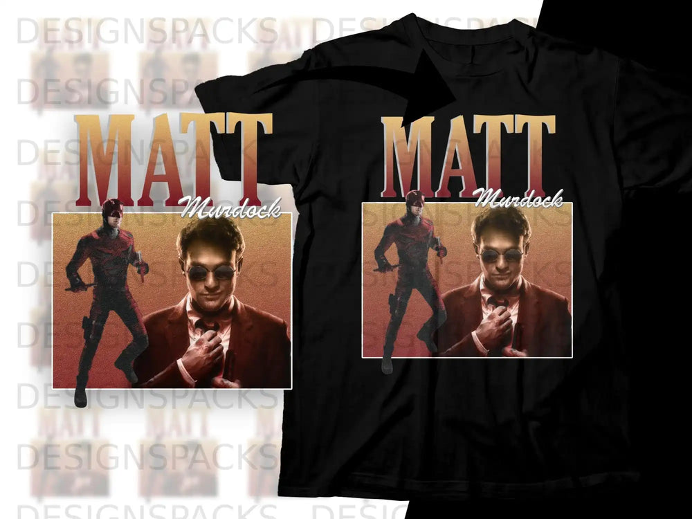 Black t-shirt with a graphic of Daredevil and text "Matt Murdock".