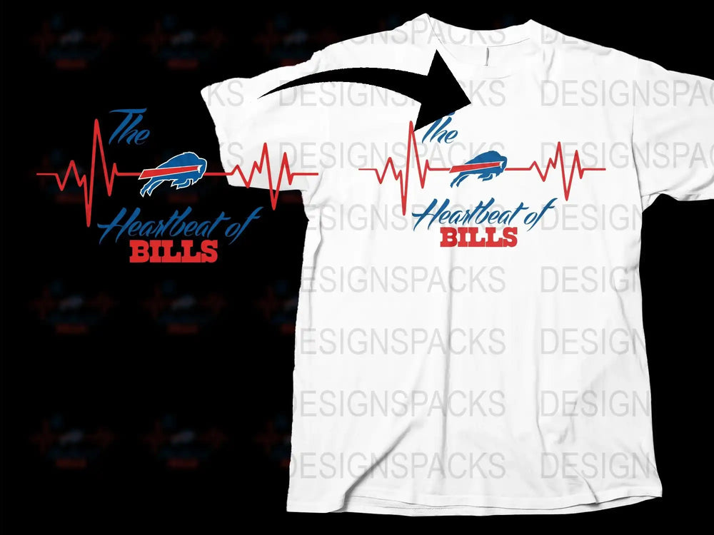 Buffalo Themed Heartbeat of Bills T-Shirt, Sports Fan Graphic Tee, Red and Blue Pulse Line Design