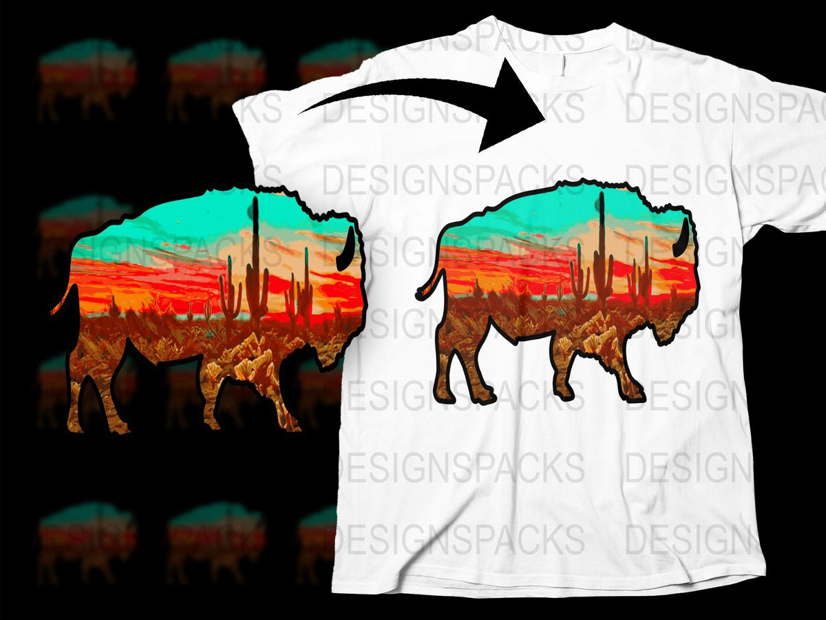 Sunset Bison Silhouette Graphic T-Shirt, Colorful Nature Inspired Tee, Wildlife Art Design Shirt for All Ages