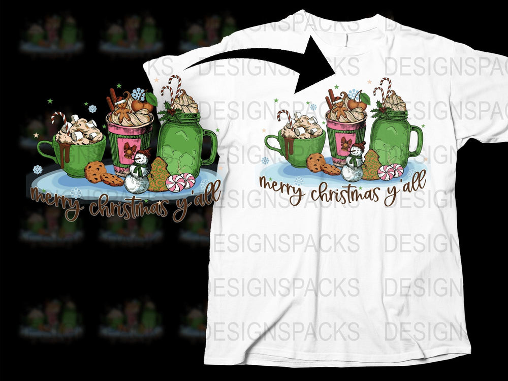 Merry Christmas Y'all T-Shirt, Festive Holiday Graphic Tee, Cute Animals in Cups Design, Unisex Fashion