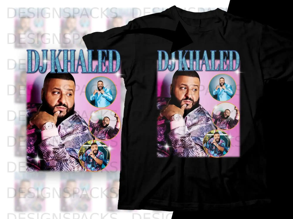 DJ Khaled graphic tee with a glittery effect on a black t-shirt.