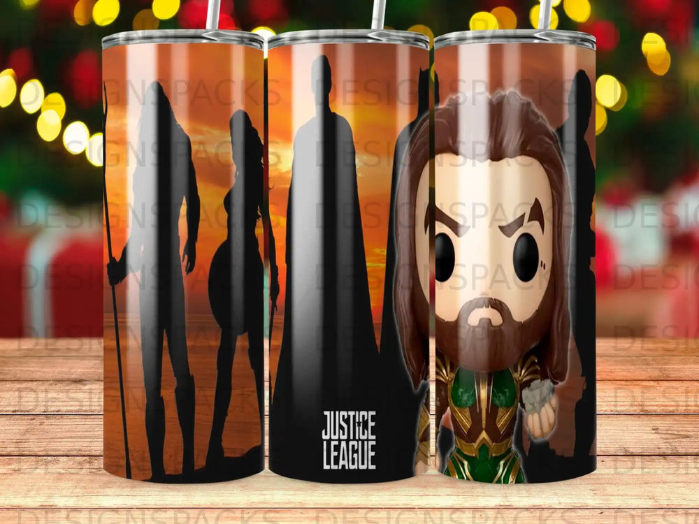 Justice League figures silhouette and Funko Pop style Aquaman on tumbler.
