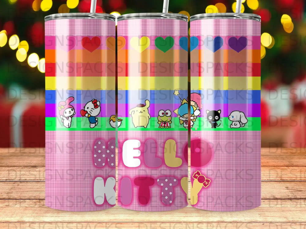 Hello Kitty and friends on a pink tumbler with rainbow stripes.