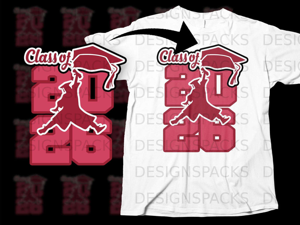 Red "Class of 2026" graphic with a graduation cap and figure on a white t-shirt.