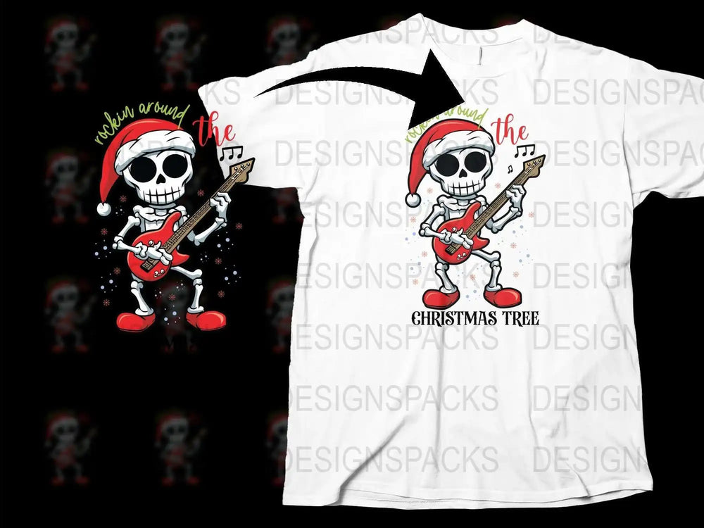 Rocking Around the Christmas Tree Skeleton Guitarist T-Shirt, Festive Holiday Apparel