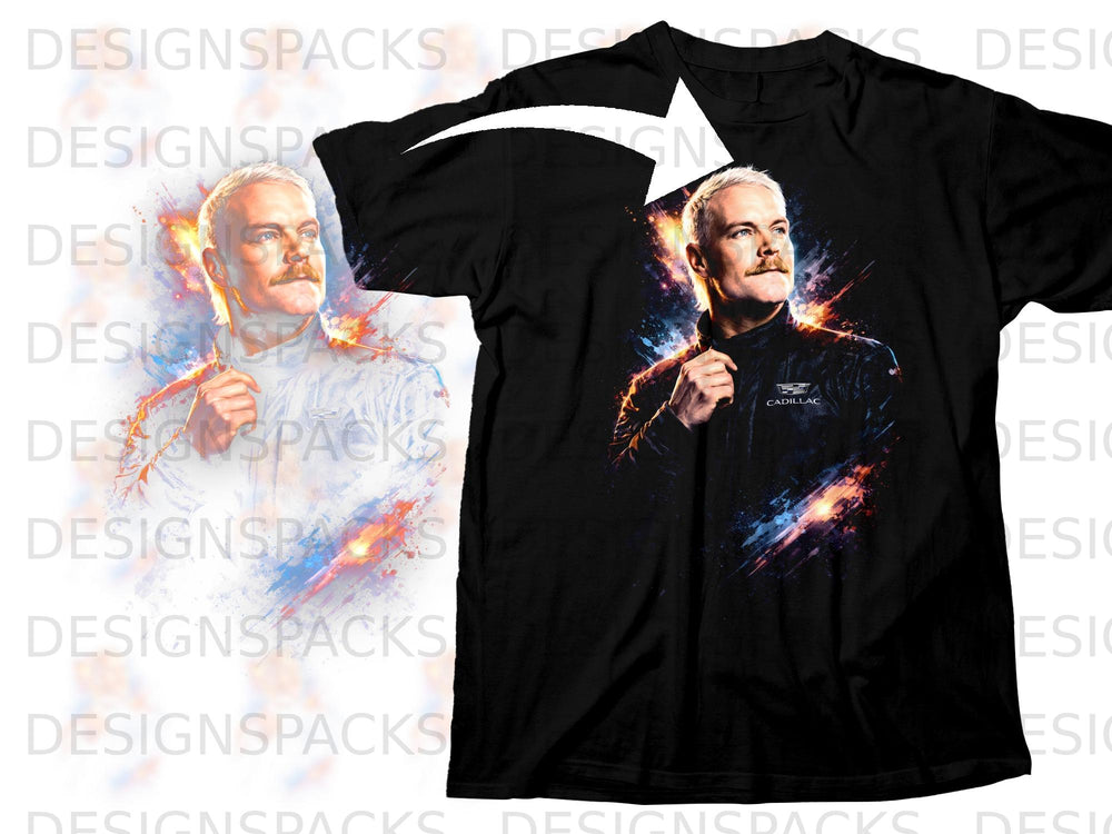 Black t-shirt with a stylized portrait of a man wearing a Cadillac jacket.
