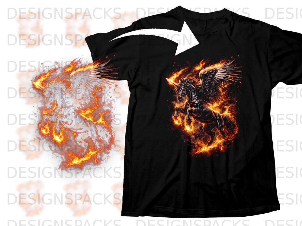 Black t-shirt with a fiery black winged unicorn design on the front.