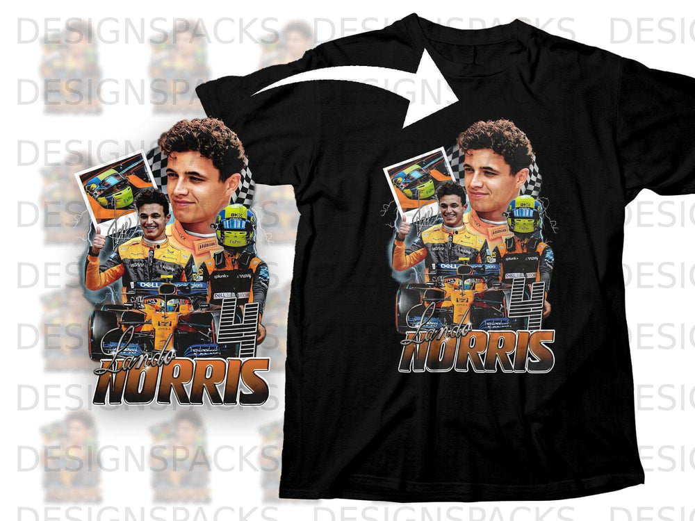 Lando Norris graphic on black t-shirt with racing car background.