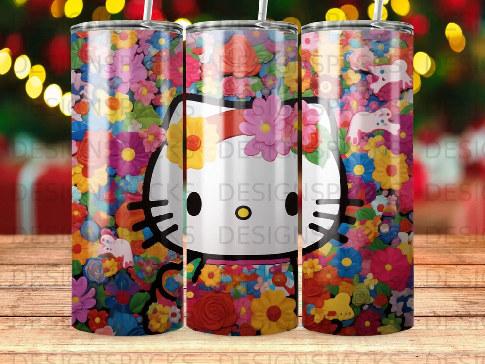 Hello Kitty surrounded by colorful flowers and candy on a tumbler.