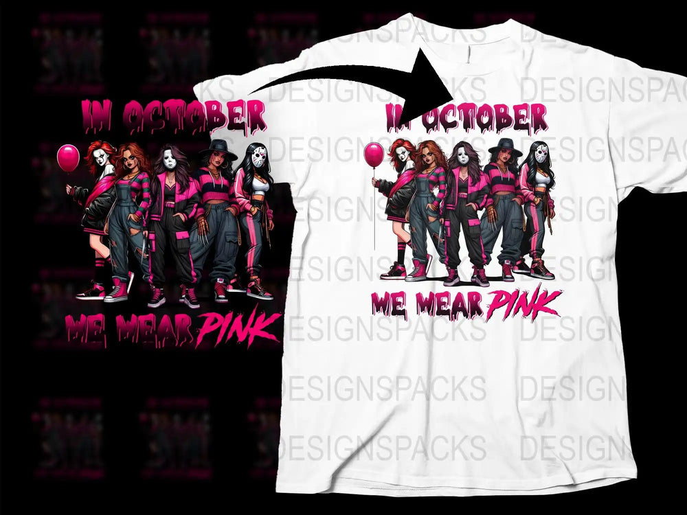 In October We Wear Pink Halloween T-Shirt, Trendy Witch Graphic Tee, Spooky Party Costume Top, Fun Fall Fashion Item, Unisex Fit