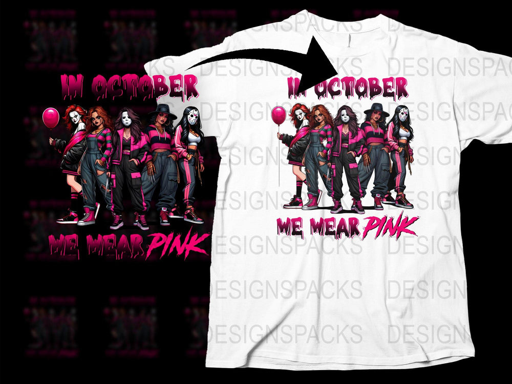 In October We Wear Pink Halloween T-Shirt, Trendy Witch Graphic Tee, Spooky Party Costume Top, Fun Fall Fashion Item, Unisex Fit