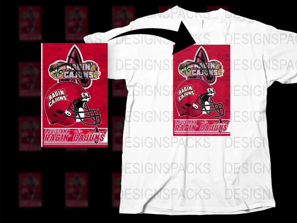 Louisiana Ragin' Cajuns Football Helmet Graphic T-Shirt, Red and White Sports Tee, College Football Apparel, Athletic Wear