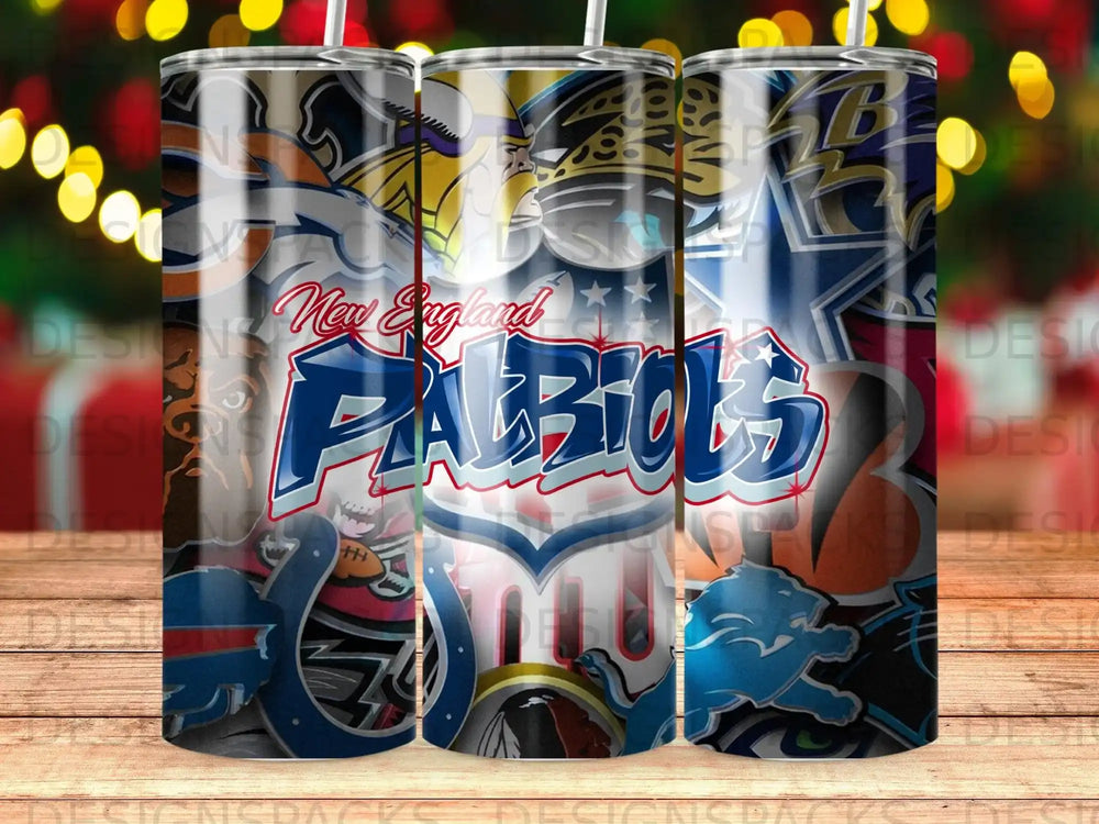 New England Patriots logo with team slogans on a tumbler.