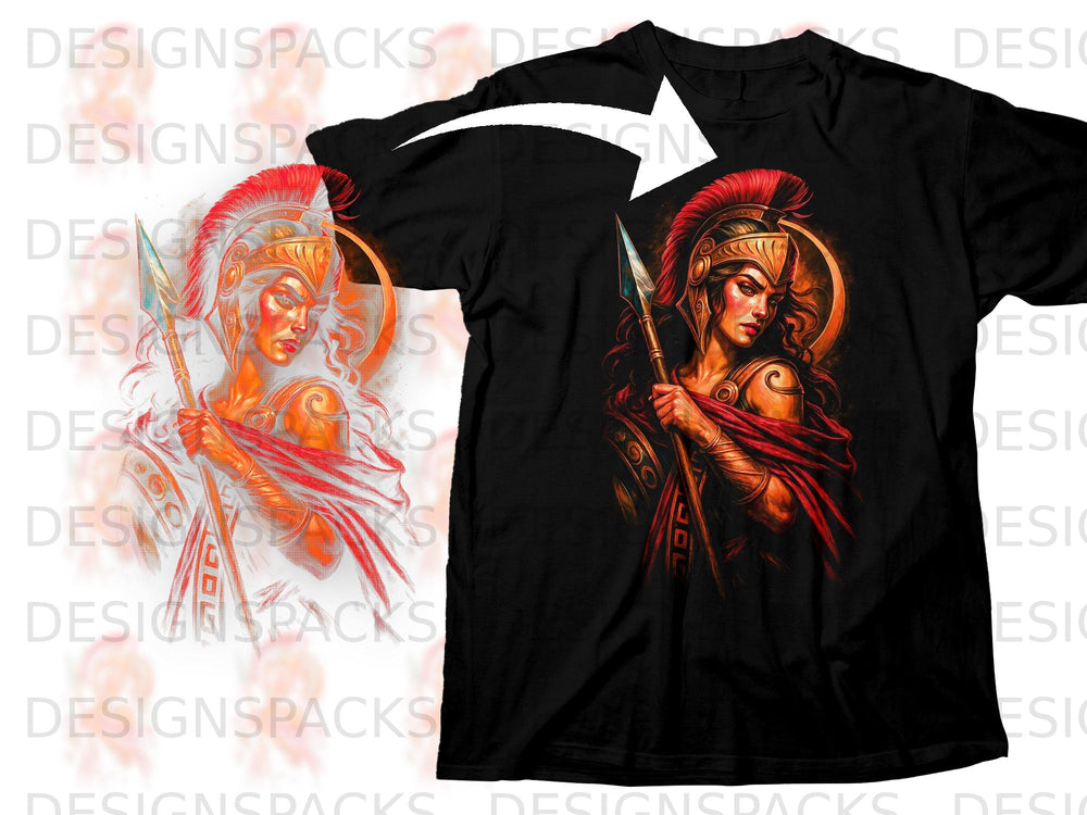 Black t-shirt with warrior woman graphic holding a spear.