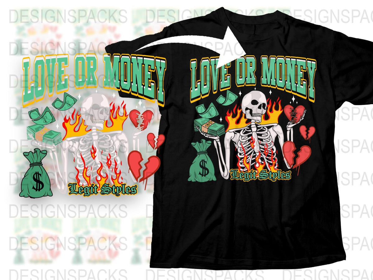Love or Money Graphic T-Shirt, Skeleton Design, Heart and Flames, Unisex Black Tee, Unique Streetwear Style