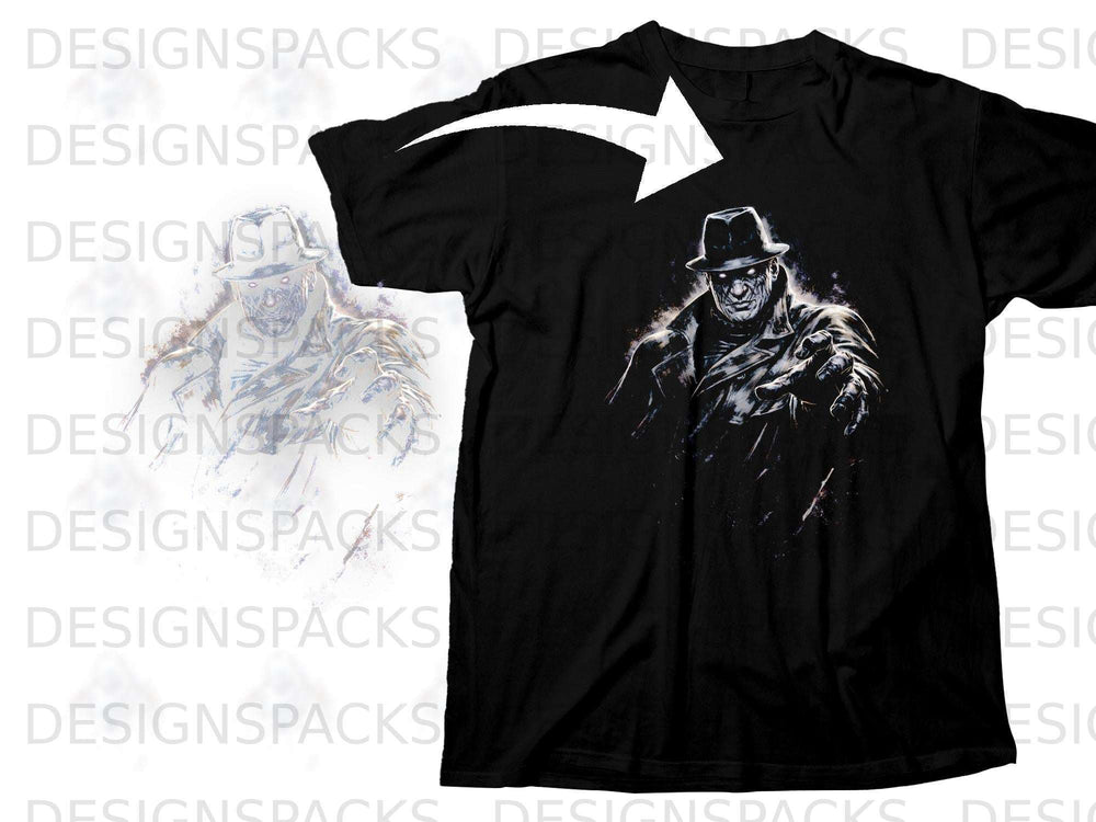 Black t-shirt with a sinister-looking man in a fedora and trench coat graphic.