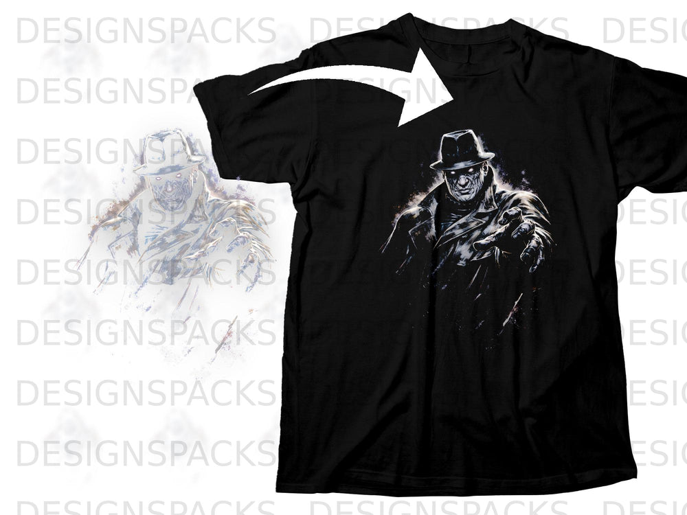 Black t-shirt with a sinister-looking man in a fedora and trench coat graphic.