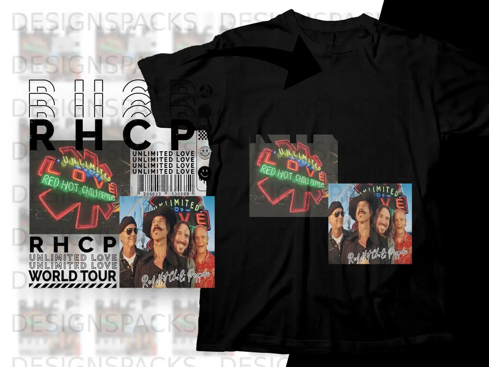 Black t-shirt with Red Hot Chili Peppers "Unlimited Love" tour graphic.