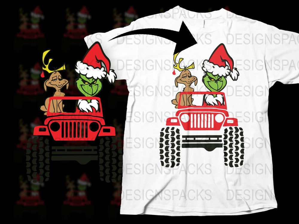 Christmas Themed T-Shirt with Cartoon Dogs and Cats in Red Jeep, Holiday Apparel for All Ages