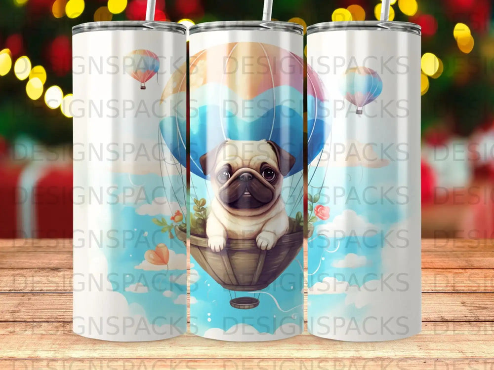 Pug in hot air balloon with a blurred holiday background.