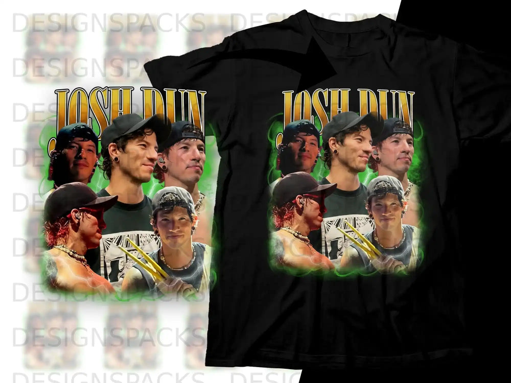 Black t-shirt featuring a green-tinted collage of the band Twenty One Pilots.