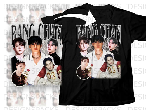 Black t-shirt featuring a collage of K-pop artist Bang Chan with 