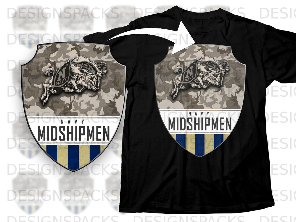 Black t-shirt with a shield logo featuring a ram and "Navy Midshipmen" text.