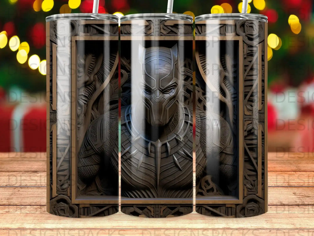 Black Panther mask in ornate frame, repeating pattern across three tumblers.