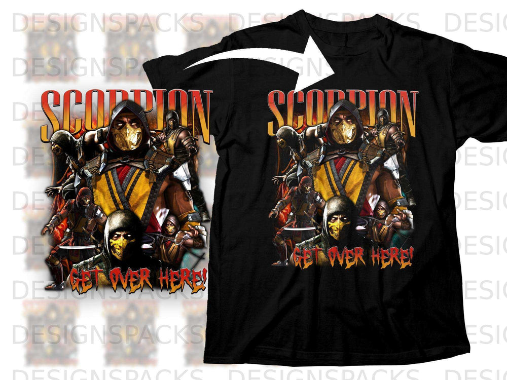 Scorpion, Sub-Zero, and other fighters in a comic style with "GET OVER HERE!" text.