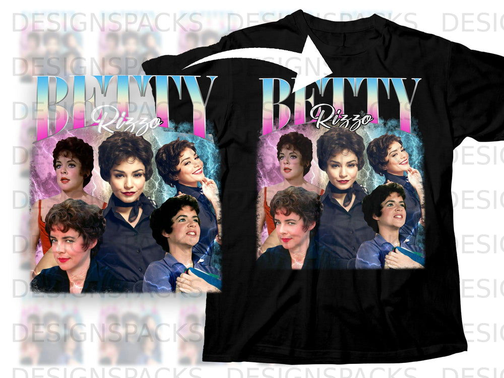 Black t-shirt with "Betty Rizzo" graphic featuring multiple portraits of the character.
