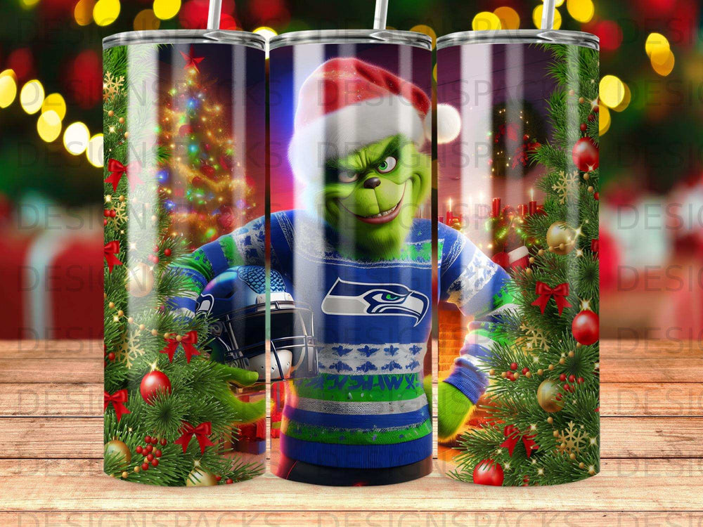 The Grinch in a Seahawks sweater holds a helmet, with Christmas trees and lights.