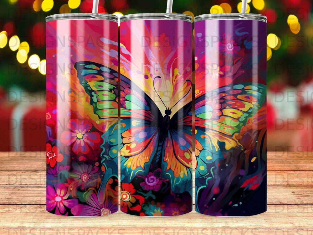 Colorful butterfly surrounded by vibrant flowers, against a blurred bokeh background.